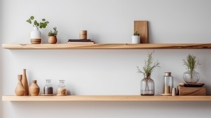 Wood floating shelf on white wall. Storage organisation for home. Interior design of modern living room. Created with Generative AI technology.