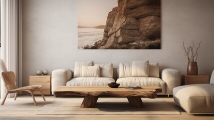 Fototapeta na wymiar Rustic live edge table and chairs near beige sofa. Scandinavian interior design of modern living room with big art poster