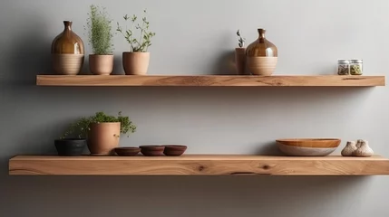 Fotobehang Wood floating shelf on white wall. Storage organisation for home. Interior design of modern living room. Created with Generative AI technology. © IC Production