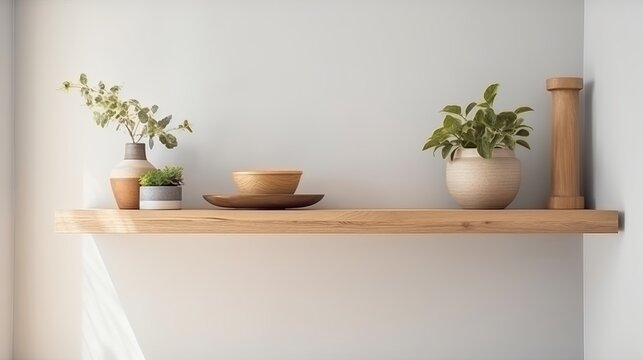 Wood Floating Shelf On White Wall. Storage Organisation For Home. Interior Design Of Modern Living Room. Created With Generative AI Technology.