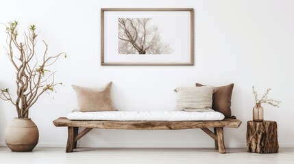 Rustic old wood log bench near white wall with art poster frame. Boho interior design of modern living room in farmhouse