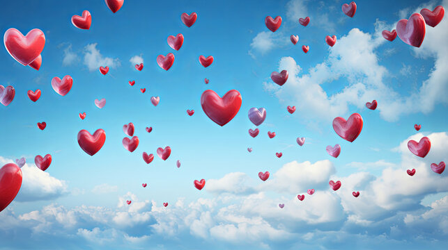 Red heart ballons in blue sky, white clouds and copy space. Love background concept