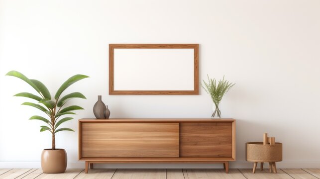 Rustic wooden dresser near white wall with mockup poster frame with copy space. Boho interior design of modern living room