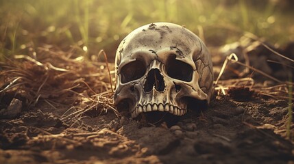 Skeleton remains buried in a rural farm field with unearthed human skull and bones covered in dirt, terrifying discovery, scary halloween horror - generative AI