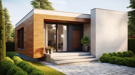 Small single home. Minimalist exterior of modern house with concrete and wood cladding walls. Beautiful landscaping design - obrazy, fototapety, plakaty