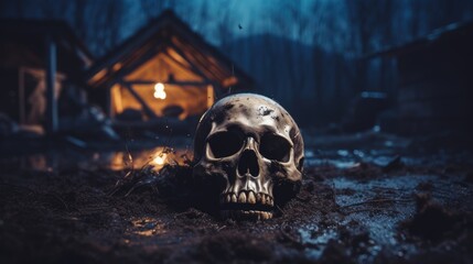 Skeleton remains near creepy cabin in the woods with unearthed human skull and bones covered in dirt and leaves, darkness lit by moonlight, scary halloween night - generative AI