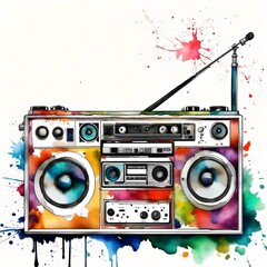 Watercolor style illustration of a vintage ghetto blaster radio