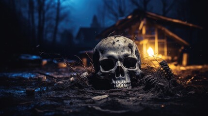 Skeleton remains near creepy cabin in the woods with unearthed human skull and bones covered in dirt and leaves, darkness lit by moonlight, scary halloween night - generative AI