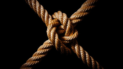 the gordian knot of rough rope is isolated on a black background - obrazy, fototapety, plakaty