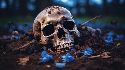 Skeleton remains in the woods with unearthed human skull and bones covered in dirt and leaves, darkness lit by moonlight, scary halloween night - generative AI