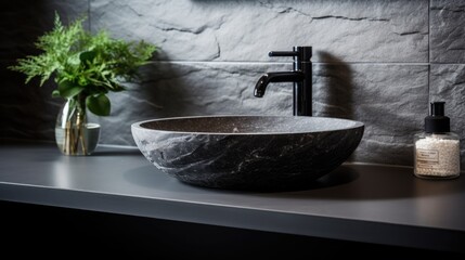 Stylish black marble vessel round sink and faucet on stone countertop. Interior design of modern bathroom
