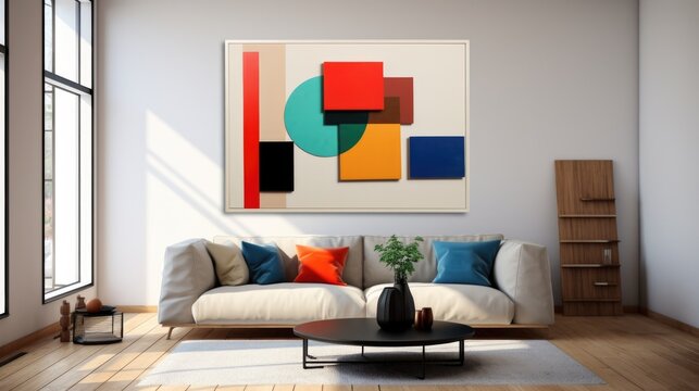 Suprematism style interior design of modern living room with abstract geometric colorful shapes