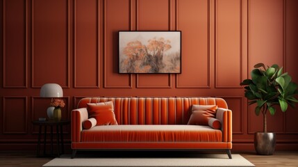 Terra cotta velvet sofa near wainscoting paneling wall. Mid century interior design of modern living room