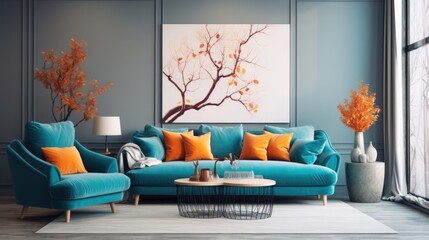 Turquoise sofa and big posters. Interior design of modern living room