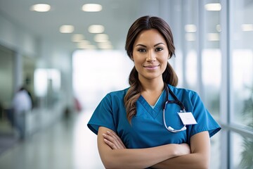 Obraz premium Smiling healthcare professional poses in hospital hallway, arms crossed, looking at camera. Photo generative AI