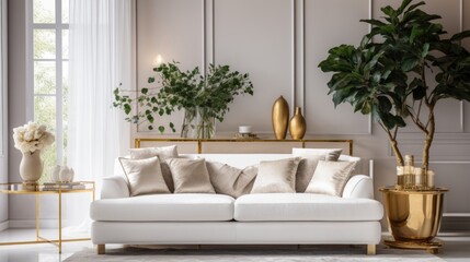 White fabric sofa and brass decor pieces. Interior design of cozy living room