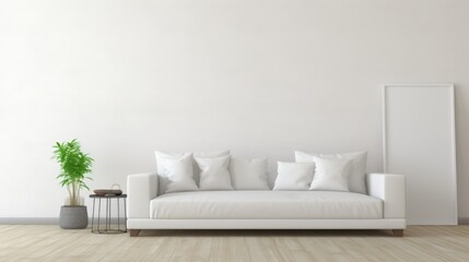 White fabric sofa in empty room. Minimalist interior design of modern living room