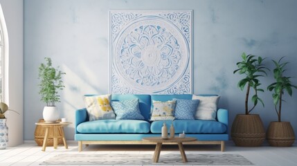 White sofa near blue motifs patterned wall. Boho or eclectic, bohemian interior design of modern living room