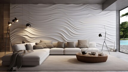 White sofa near unique wavy stone. Luxury interior