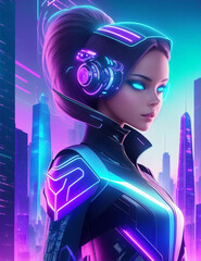 beautiful cyberpunk style girl wearing high-tech neon lit gadgets, high-tech sci-fi theme portrait, generative AI