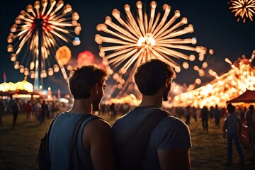 Fototapeta premium silhouette of a couple at a county fair at night watching fireworks
