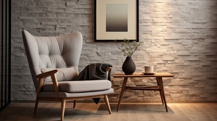  Wing chair near rustic wooden coffee table. Interior design of scandinavian living room with frames.