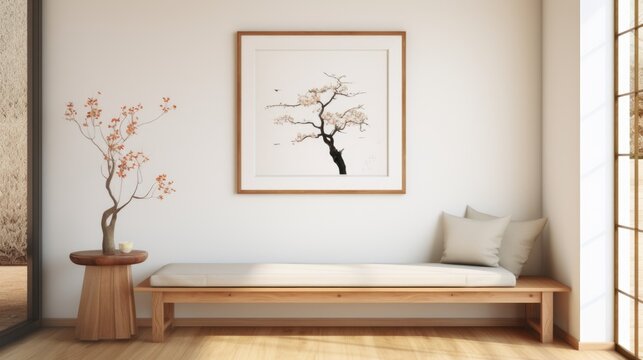 Wooden bench and art poster on white wall. Interior design of mid-century living room