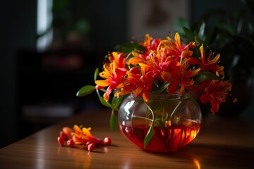A round vase filled with Honeysuckle on the table