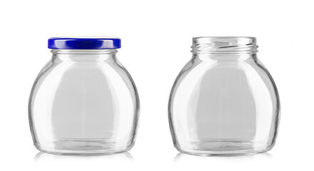 Two empty jars with blue lid. Conservation utensils. Isolated on a white background.
