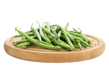 Green beans on a round cutting board isolated in white background. Healthy food. Black Eyed Peas. File contains clipping path. Veganism.