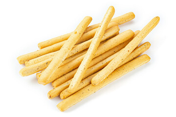 Traditional italian breadsticks isolated on white background. Grissini sticks.