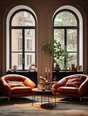 Arched window and terra cotta leather armchairs in apartment. Interior design of modern living room