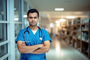 Mid adult male nurse at hospital. Photo generative AI