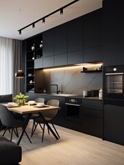 Black kitchen in minimalist studio apartment. Interior design of modern living room