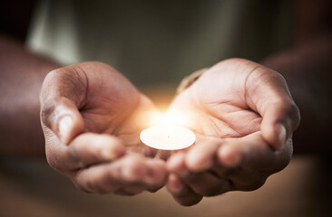 Prayer, candle or hands of man for worship, faith and belief for support, help and hope in...
