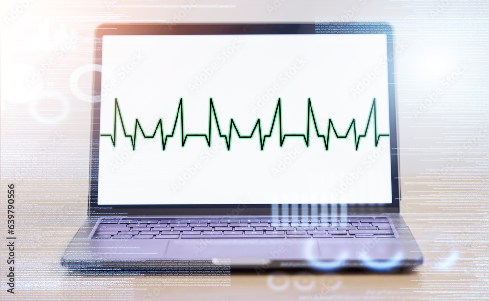 Poster laptop, software and screen, code and ekg, information technology with heartbeat and cybersecurity p