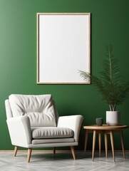 Blank big mock up poster frame on green wall. Interior design of modern living room with armchair