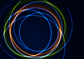 Multicolored neon glowing shiny circles abstract background. Vector futuristic vintage design