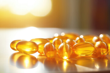 Fototapeta Vitamin D pills or capsules with fish oil and omega 3 fats on a clean background back-lit by the sun obraz