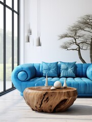 Blue sofa and tree root ball coffee table near white wall with wood grain cut. Interior design of modern living room