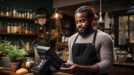 A small business owner in Africa uses tap-to-pay technology for card payments, with a customer tapping the back of the phone with a card