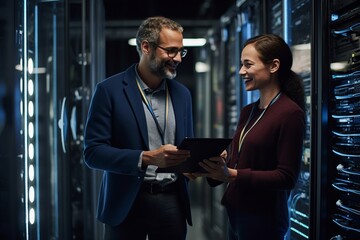 Male IT Specialist Holds Laptop and Discusses Work with colleague at the Data centre server room