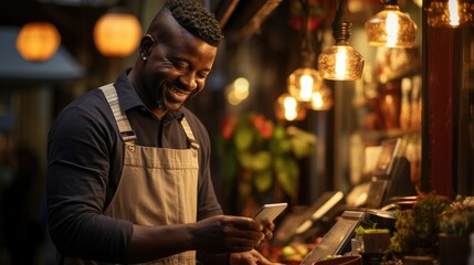 A small business owner in Africa uses tap-to-pay technology for card payments, with a customer tapping the back of the phone with a card