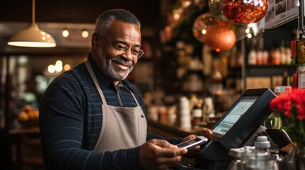 A small business owner in Africa uses tap-to-pay technology for card payments, with a customer tapping the back of the phone with a card