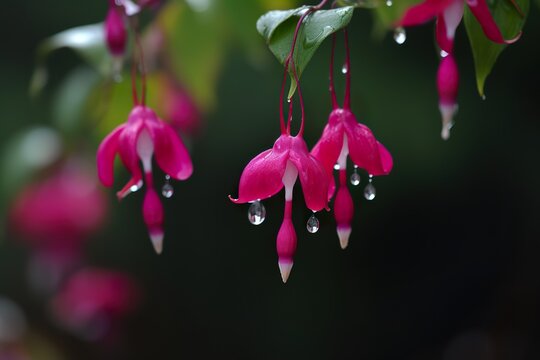 Fuchsia flowers with raindrops. Close-up image