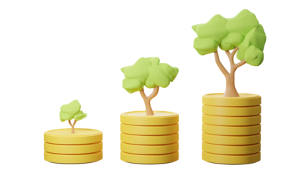 3d render of tree growing on pile of coins