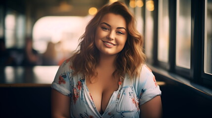 Portrait of a beautiful chubby young woman drinking a cup of coffee in a cafe or canteen. A plus-size young plump lady with an curly hairstyle is stylishly dressed sitting in a cafe. Generative ai - obrazy, fototapety, plakaty
