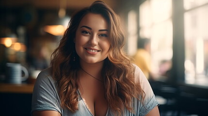 Portrait of a beautiful chubby young woman drinking a cup of coffee in a cafe or canteen. A plus-size young plump lady with an curly hairstyle is stylishly dressed sitting in a cafe. Generative ai