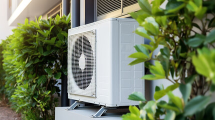 outdoor air conditioner compressor installed outside the wall of the house. device for office and home, legal AI