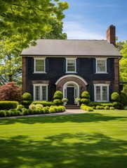 Colonial style red brick family house exterior with black roof tiles. Beautiful front yard with lawn and pruned shrubs